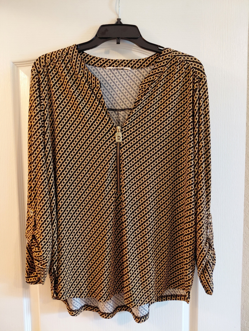 Michael Kors Woven Chain-Print Long Sleeve Blouse Black & Tan Good Cond Size L